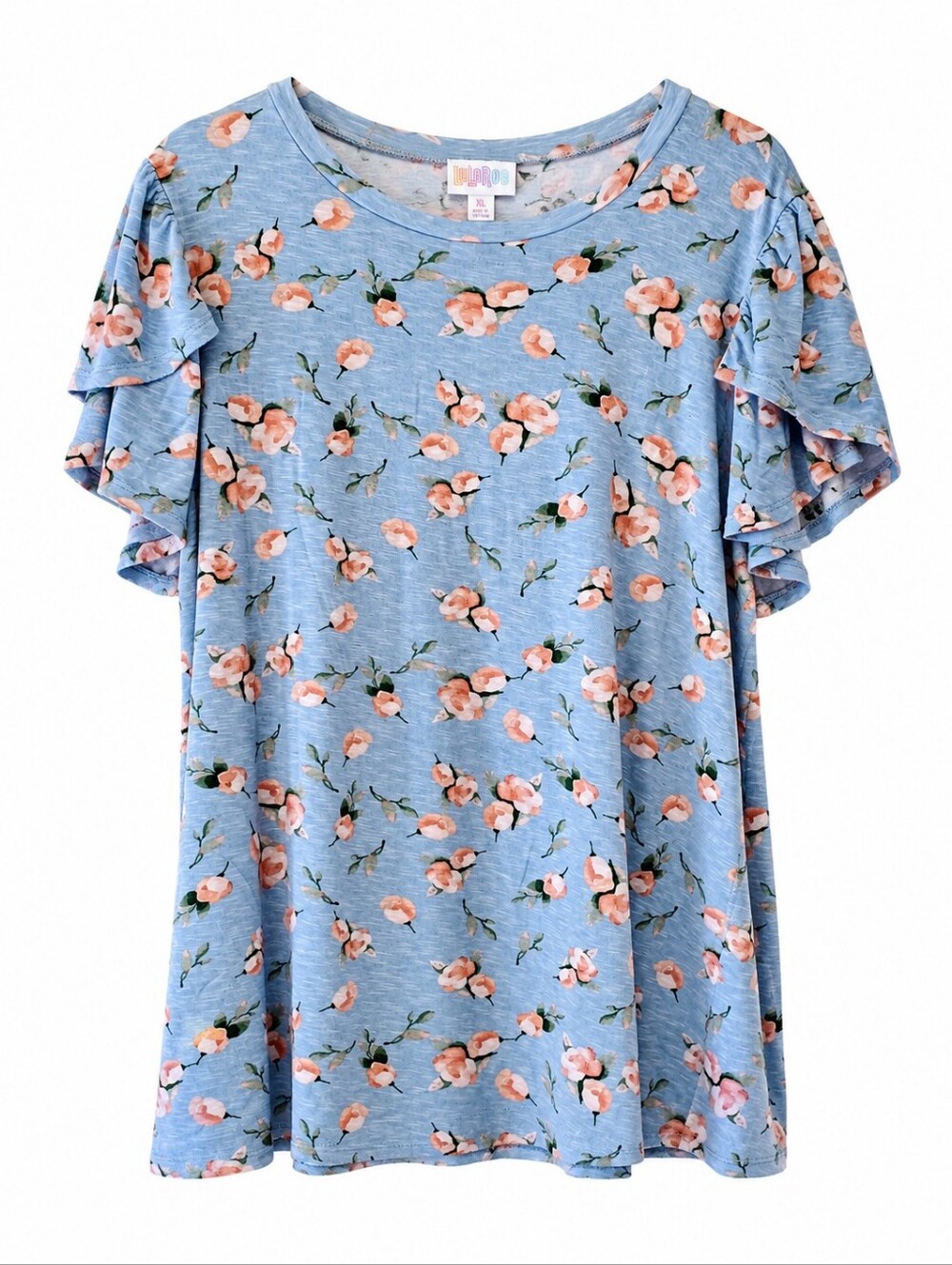 LuLaRoe Powder Blue Peach Green Floral Olive Tulip Sleeve Top XL